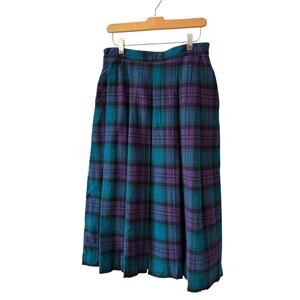Vintage Woolrich Plaid Pleated Wool Midi Skirt Green Purple